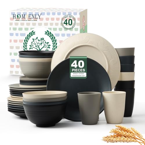 Homienly Kitchen Wheat Straw Dinnerware Set 40 PCS - Dinner Plates, Cereal Bowls, Wheat Straw Cups Set, Microwave and Dishwasher Safe Dishes Set, Unbreakable Dish Set for Party, Outdoor(Grey Stone) - color: Grey Stone, size: 40 PCS
