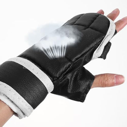 POPETPOP Half-Finger Boxing Gloves and Wrist Wraps, Breathable Cloth Kickboxing Training Sparring Gloves for Gym and Bag Work, 1 Pair Black Protective Hand Wraps for Martial Arts