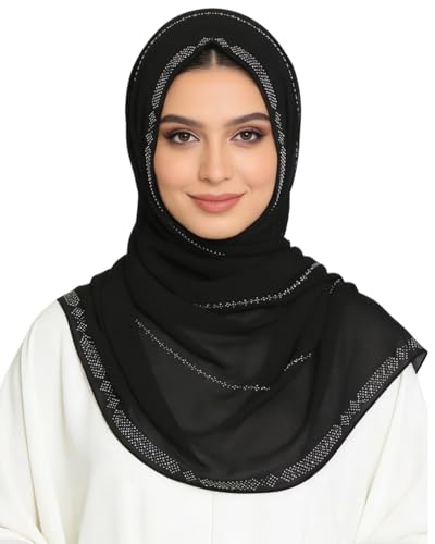 RARITYUS Sparkly Rhinestone Hijab Scarf for Women Silky Chiffon Instant Muslim Islamic Hijab Head Wrap Long Shawls - color: Black
