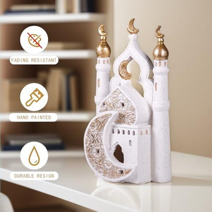 Ramadan Eid Home Decorations for Home 2025 Gold and White Mosque Tower Islamic Eid Mubarak decore - size: 6.3*2.36*10.63in