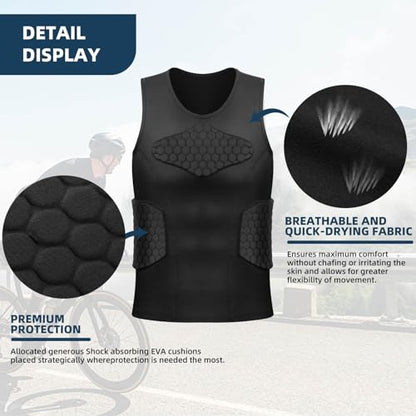 Zicac Men's Sports Shock Rash Guard Compression Padded Shirt Soccer Basketball Protective Gear Chest Rib Guards - color: Black Sleeveless Shirt, size: Large
