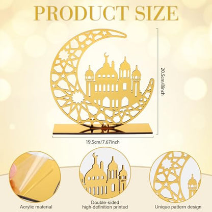 Acrylic Ramadan Decorations Islamic Eid Mubarak Kareem Table Sign Moon Hollow Star Ornament for Muslim Party Tabletop Decor Home Art Craft Decoration Golden Moon