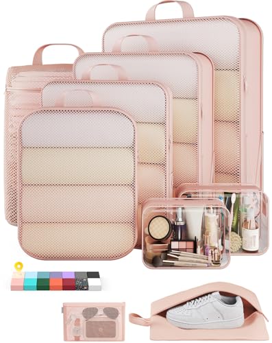 Veken 9/11 Set Compression Packing Cubes for Cruise Travel Essentials,Compressible Expandable Luggage Suitcase Organizer Bags for Clothing,Space Saver Bags with Over 1000 pcs of Mesh Holes(Beige) - color: Beige, size: 9 set