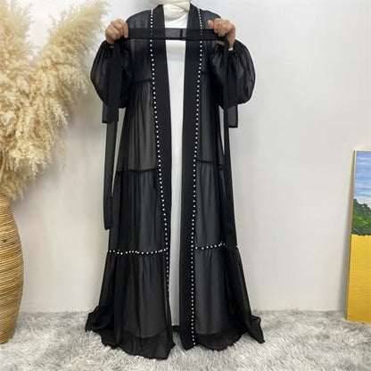 Abayas For Women Muslim Ramadan Long Sleeve Open Front Imitation Pearls Tiered Chiffon Dress Cardigan with Belt Dubai Kaftan - color: Black, size: Small