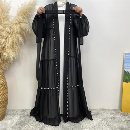 Abayas For Women Muslim Ramadan Long Sleeve Open Front Imitation Pearls Tiered Chiffon Dress Cardigan with Belt Dubai Kaftan - color: Black, size: Large
