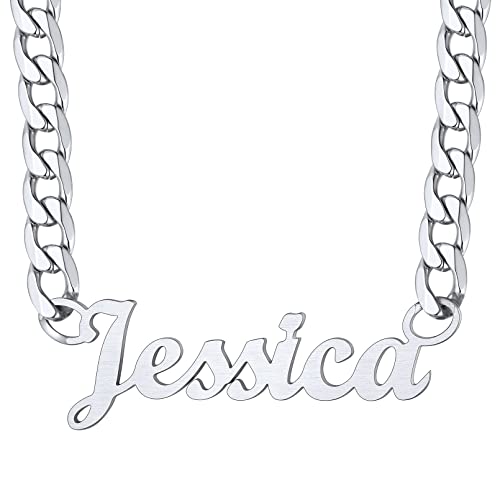 Custom4U Personalized Cuban Link Chain for Women, Silver/Black/Gold Plated Stainless Steel Cuban Chain Men Names Necklace, Customized Gift for Her(with Gift Box) - color: C-01-Silver, size: 18 Inches