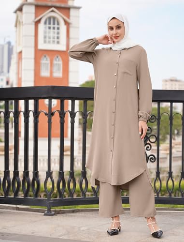 IDOPIP Abaya 여성용 드레스 무슬림 세트 긴소매 시폰 이슬람 드레스 셔츠 바지 포함 2피스 두바이 기도 캐주얼 의류 - color: 카키, size: X-Large