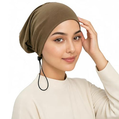 Women's Adjustable Elastic Drawstring Hijab Undercap, Soft Stretchy Jersey Underscarf Hijab Liner Hat - color: Khaki