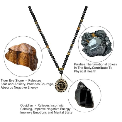Ankh Cross Pendant Ancient Egyptian Hieroglyphic Symbol of Health and Eternal Life Men Cross Necklace with Tiger Eye Stone Obsidian Hematite Triple Protection Crystal Beads Chain - color: Allah Pendant-Gold