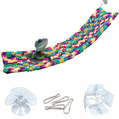 QWR 30" x 7" Hand-Knitted‌ Soft Reptile Lizard Hammock,Lengthened Thicker Hammock for Bearded Dragon Tank Swing Hanging with Strong-Adhesive Hooks,Breathable Bed for Gecko Chameleon(Rectangular)