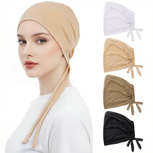 4Pcs Under Hijab Cap Inner Underscarf for Women Under Scarf Hat Adjustable Hijab Cap with Tie Back Closure