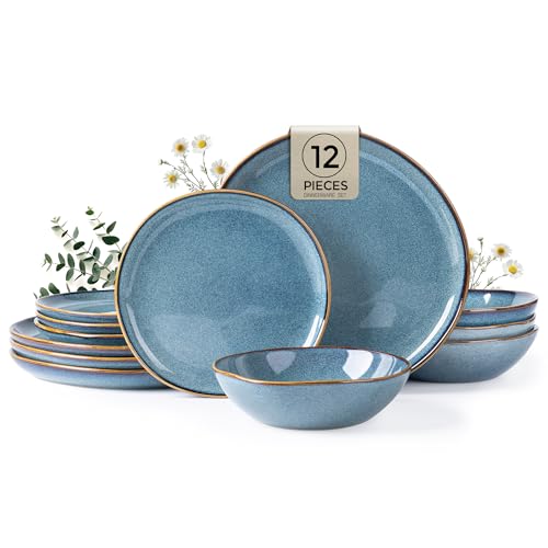 AmorArc Ceramic Dinnerware Sets for 4, 12Pcs Plates and Bowls Sets Dishes - color: Mediterranian Blue, size: Service for 4(12Pcs)