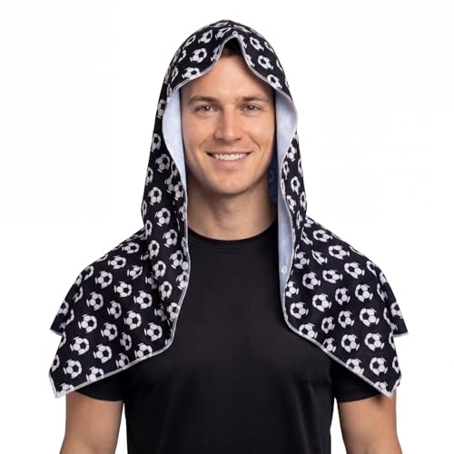 Cooling Hooded Towel for Soccer Fans & Outdoor Work, Black | Printed soccer cooling wrap, instant chill, light breathable washable, for game cheer, run, cycle & construction work - color: Black