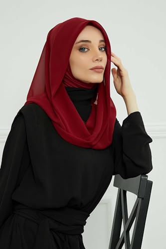 Aisha's Design Pre-tied Cotton-Chiffon Scarf for Women Practical Veil Instant Scarf Hijab Stylish Design - color: Maroon