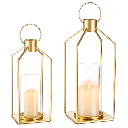 Gold Lanterns Decorative Indoor: Front Porch Decor with Hurricane 2PCS Candle Lantern for Wedding Table Centerpieces Home Outdoor Fireplace Patio Decor