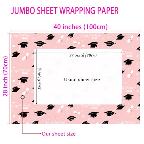 Cuitpan 2026 Graduation Wrapping Paper - 4 Jumbo Sheets,28x40 Inches, Pink Cap & White Diploma Design, Gift Wrap for Graduates, Graduation Parties, Seniors, School Events - color: Pink-Graduation