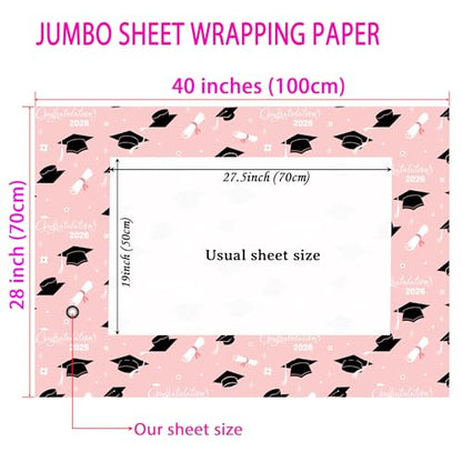 Cuitpan 2026 Graduation Wrapping Paper - 4 Jumbo Sheets,28x40 Inches, Pink Cap & White Diploma Design, Gift Wrap for Graduates, Graduation Parties, Seniors, School Events - color: Pink-Graduation