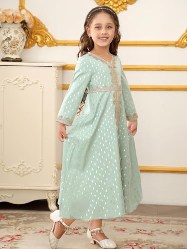 ABAO SISTER Girls Muslim Ramadan Abaya Kids Long Sleeve V Neck Prayer Dress Middle East Arabic Dubai Attire Kaftan Dress - color: Green, size: 8