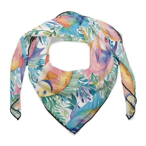 Women’s Square Scarf 27"x27", Lightweight Chiffon Satin Feel Fashion Scarf for Neck Hair Band Head Wrap Bag Accessory - color: Colorful Fish Sea Life