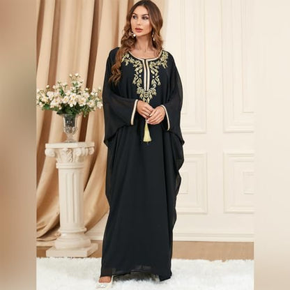 Embroidered Abaya Kaftans for Women Modern Elegant Dubai Moroccan Dubai Kaftan Dresses Abaya for Women Muslim Dress - color: Black