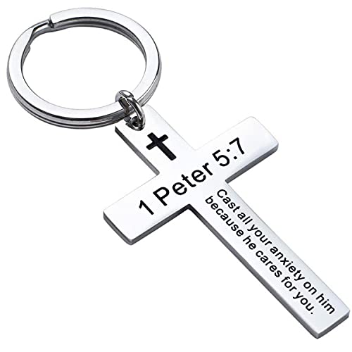 Ldurian Bible Verse Keychain Christian Cross Keychain for Women, Cross Key Chain for Men Religious Scripture - style: 1 Peter 5:7