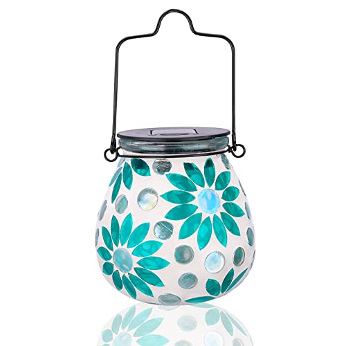 Afirst Outdoor Solar Lantern Waterproof Mosaic Glass Hanging Garden Light - color: Blue daisy