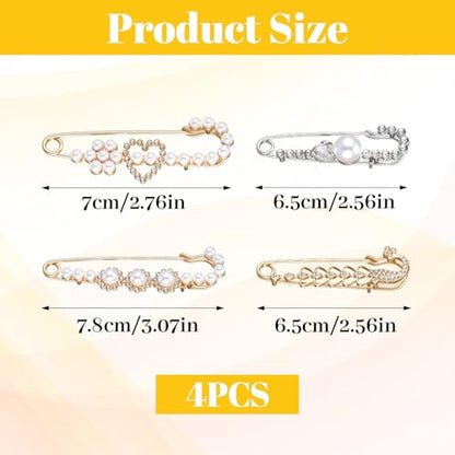 4 PCS Safety Pin Brooch, Faux Crystal Pearl Sweater Pin, Decorative Safety Pins for Clothing Dress Shirt Jeans Decoration