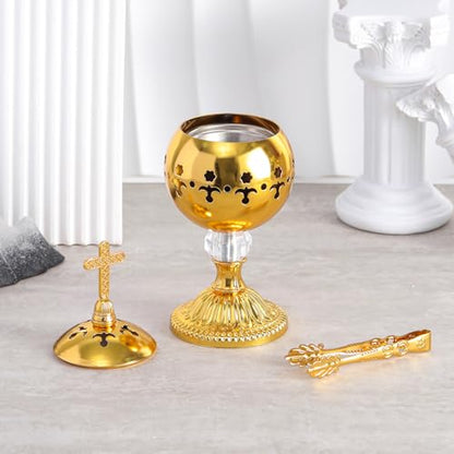 Zonon 1 Set Incense Burner with Tong, Frankincense Charcoal Incense Stand Holder, Ideal for Yoga, Spa, Aromatherapy, Home and Christian Church Censer (Gold,Retro) - color: Gold, size: Retro