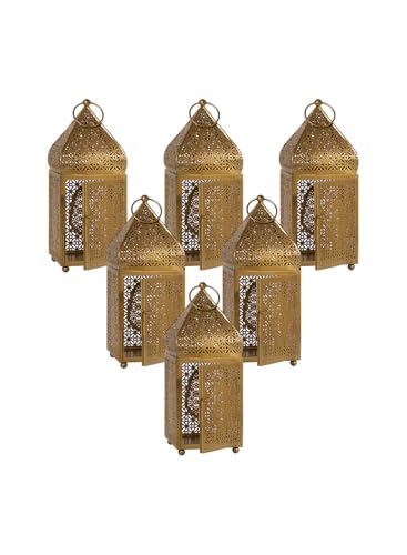 Serene Spaces Living Moroccan Lightweight Thin Gold Ornate Candle Lantern, Antique Gold Lantern, Decorative Candle Holders, Indian Wedding, Eid, Ramadan, 4.5" Diameter & 12" Tall, Pack of 6 - color: Gold Metal, size: Large, Pack of 6