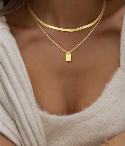 14K Gold Plated Layered Initial Necklace for Women with Herringbone Chain | Herringbone Choker & Letter Pendant, Waterproof Non-Tarnish Adjustable Snake Chain, 2Pcs Minimalist Stacking Jewelry Gift - color: Q