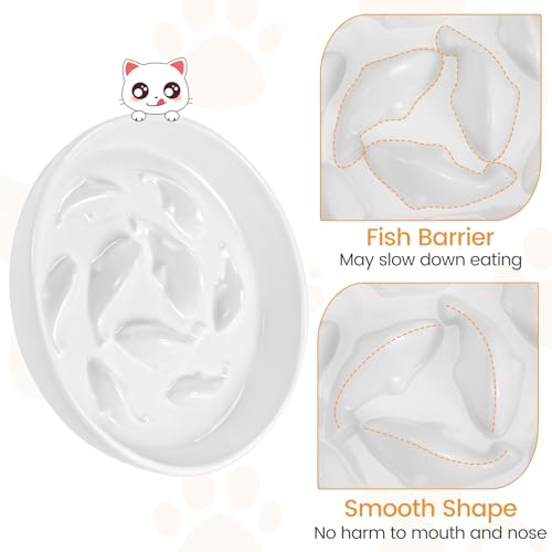 PETTOM Slow Feeder Cat Bowl with Stand, Ceramic Slow Eating Cat Bowl with Higher Edges Fish Pool Design Elevated Food Bowls for Dry and Wet Food Anti-Vomiting Puzzle Feeder for Healthy Eating Diet - color: White