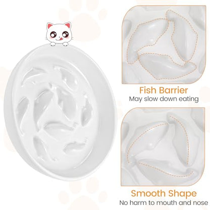 PETTOM Slow Feeder Cat Bowl with Stand, Ceramic Slow Eating Cat Bowl with Higher Edges Fish Pool Design Elevated Food Bowls for Dry and Wet Food Anti-Vomiting Puzzle Feeder for Healthy Eating Diet - color: White