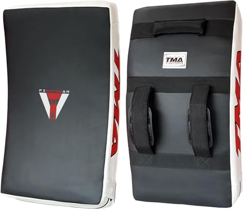 TMA Kick Shield Muay Thai Kickboxing, Heavy Curved Kicking Striking Body Pad, Target MMA Boxing Training, Kickboxing Body Shield, 3 Padded Handles, Karate Kicking Pads, Sparring Sheild - color: Black/White