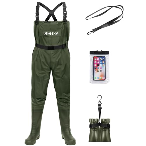 Lekesky Fly Fishing Chest Waders with Boots for Men Women, US Sizes 5–14,2-Ply Nylon/Pvc Waterproof Waders - color: Green, size: M6/W8
