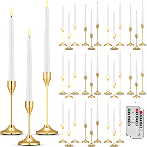 Glooglitter 30 Set Gold Candle Holders with LED Flameless Taper Candles Bulk Include Metal Taper Candlestick Holder Battery Operated Flickering Candle for Table Wedding Christmas Housewarming Gift