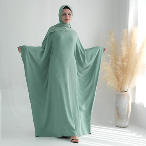 ODIZLI Abayas For Women Muslim Dubai Full Cover Kaftan Shirt Dress Batwing Sleeve Prayer Dress With Hijab - color: Green + Hijab, size: Two