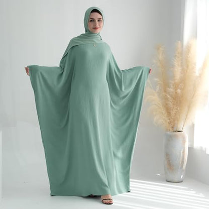 ODIZLI Abayas For Women Muslim Dubai Full Cover Kaftan Shirt Dress Batwing Sleeve Prayer Dress With Hijab - color: Green + Hijab, size: One Size