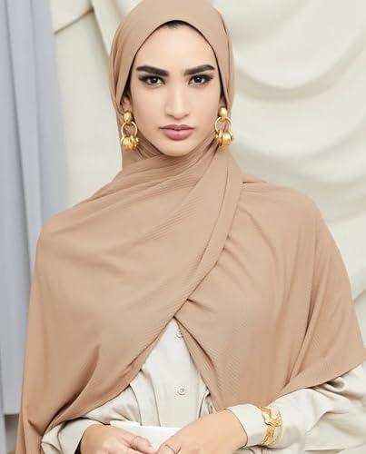 Ribbed Jersey Hijab Scarf for Women, Hijab for Women Muslim Breathable Stretchy Hajib - color: Light Tan