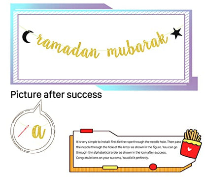 Ramadan Mubarak Banner Eid Mubarak Decorations for Happy Eid Muslim Islam Party Decorations Gold Glitter