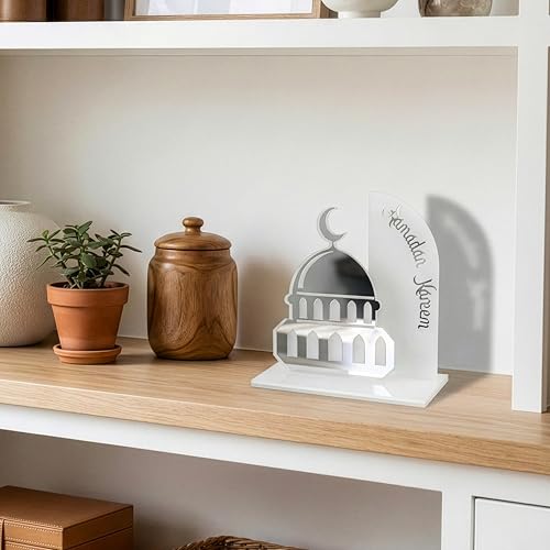 iwa concept Ramadan Kareem Table Decor, Islamic Mosque Statue with Acrylic Design, Freestanding Modern Islamic Home Decoration for Ramadan and Eid - color: Silver-froested