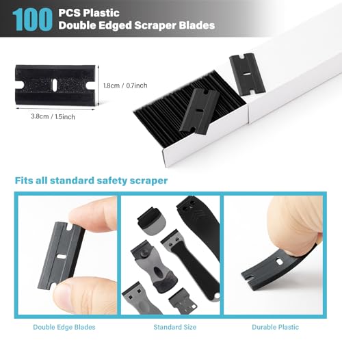 Plastic Razor Blade Scraper Tool with Blade Container 2PCS Razor Scraper with Extra 100PCS Plastic Blades for Adhesive Labels and Decals Sticker Removal on Car Window Glass Floor (W80)
