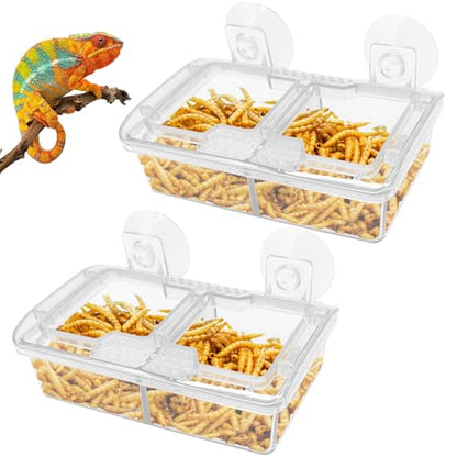 Hamiledyi Transparent Reptile Feeder with Suction Cup Separated Double Compartments Chameleon Bowl Gecko Live Worm Feeder Anti-Escape Reptile Supplies for Lizard Bearded Dragon (White, 2 Pcs) - color: White