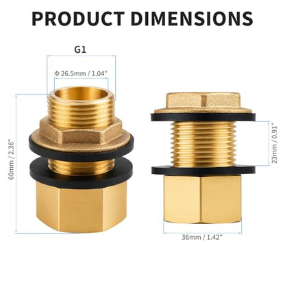 1 Inch Brass Bulkhead Fitting G1 Male & Female Water Tank Connector Adapter Fitting with 4 Rubber Gasket, Thru-Bulk Pipe Fitting for Rain Barrels Aquariums Ponds Industrial Plumbing - size: G1