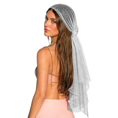Sequin Scarf for Women Lightweight Mesh Shawl Wrap Bandana Hijab Headscarf for Summer Evening Dress - color: White