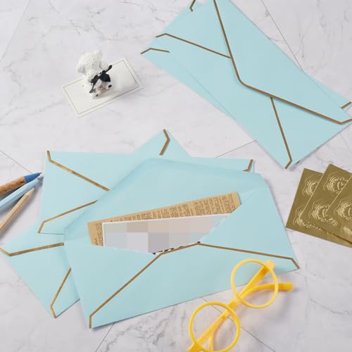 100 Pack #10 Business Envelopes with Gold Stickers, Light Blue - color: Light Blue