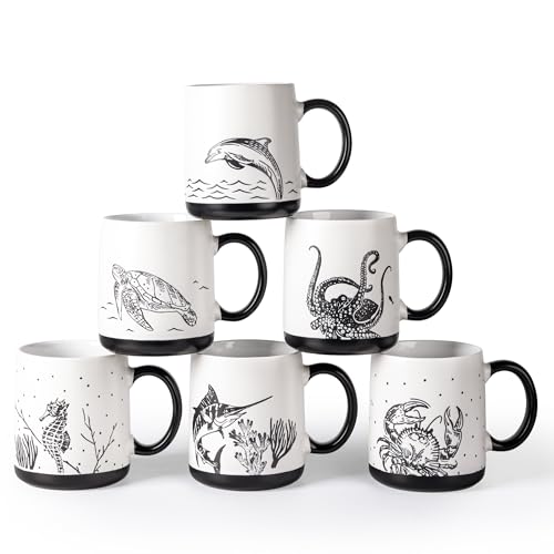 AmorArc Large Coffee Mugs Set of 6, 18oz Ceramic Coffee Cups with Sea Life Textured Patterns for Tea Latte Cocoa. Easy to Hold&Clean, Dishwasher&Microwave Safe, Matte - color: Matte White-Black Pattern