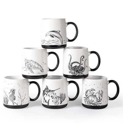 AmorArc Large Coffee Mugs Set of 6, 18oz Ceramic Coffee Cups with Sea Life Textured Patterns for Tea Latte Cocoa. Easy to Hold&Clean, Dishwasher&Microwave Safe, Matte - color: Matte White-Black Pattern