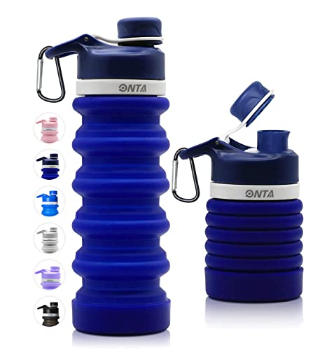 ONTA Collapsible BPA Free Silicone Water Bottle, 20oz - Portable, Leakproof, Easy Clean, Shatter Resistant, Travel Friendly - color: Darkblue, size: 18.6 Ounces