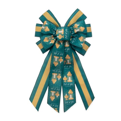 Large Eid Mubarak Bows for Wreath, Eid-ul-fitr Lantern Wreath Bow Green Golden Burlap Craft Bows for Front Door Ramadan Decorations Supplies - color: Green