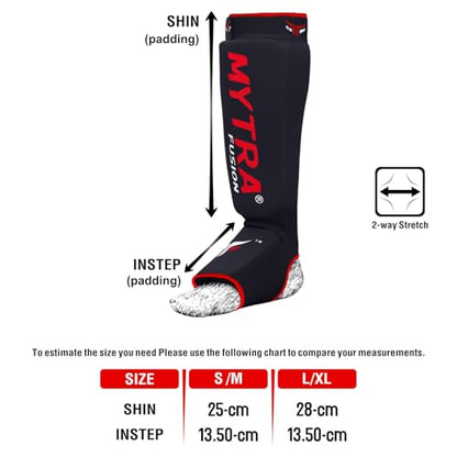 Mytra Fusion Shin Pads Instep Protector Kick Boxing Muay Thai Training Elasticated shin Guards - color: Black, size: Small-Medium
